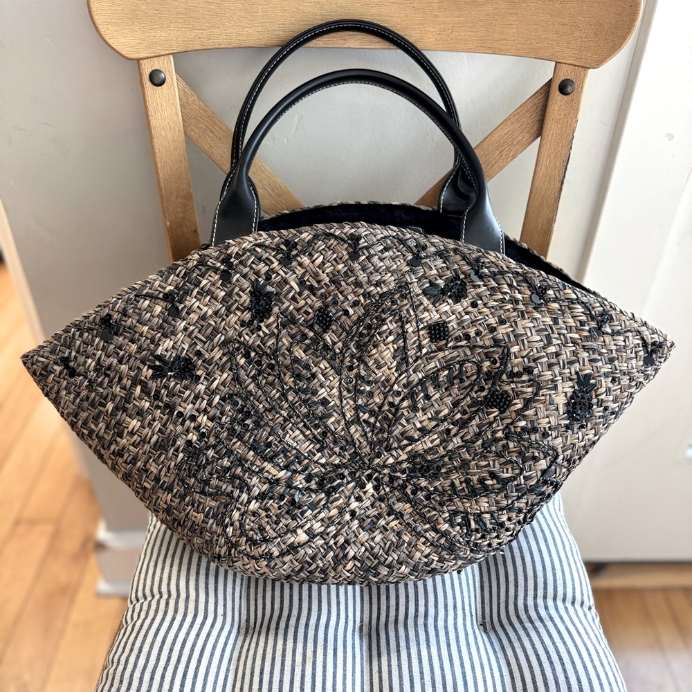 Vintage Indeed Black Beaded Straw Boho Oversized Basket Bag Made in Philippines